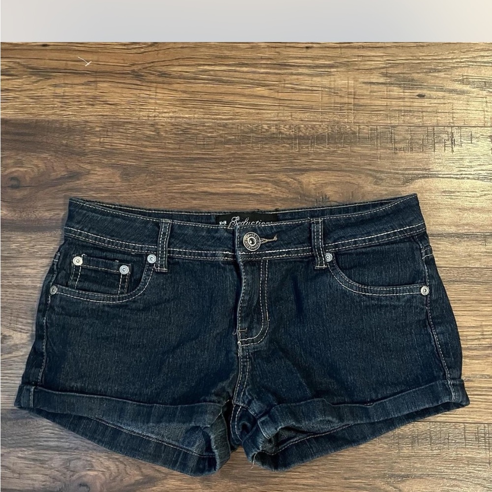 Sirens Blue Y2K Low Rise Jean Micro Mini Shorts Size 7 Cuffed Festival Summer